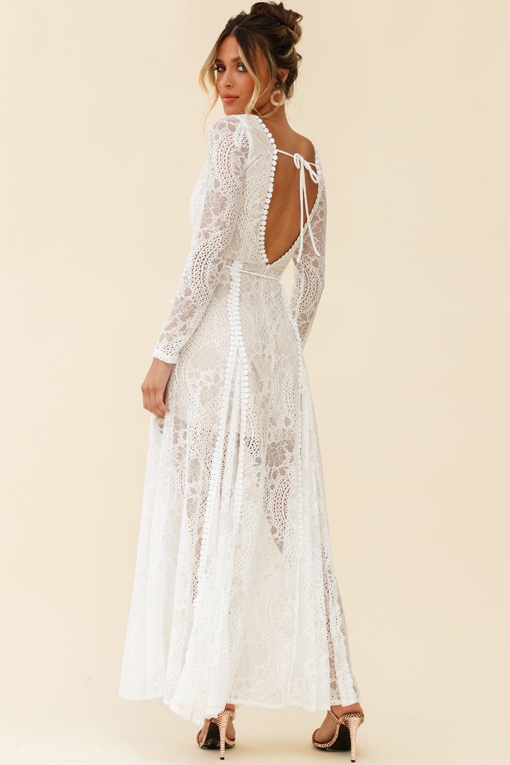 Palm Springs Long Sleeve Lace Overlay Maxi Dress White by Selfie Leslie