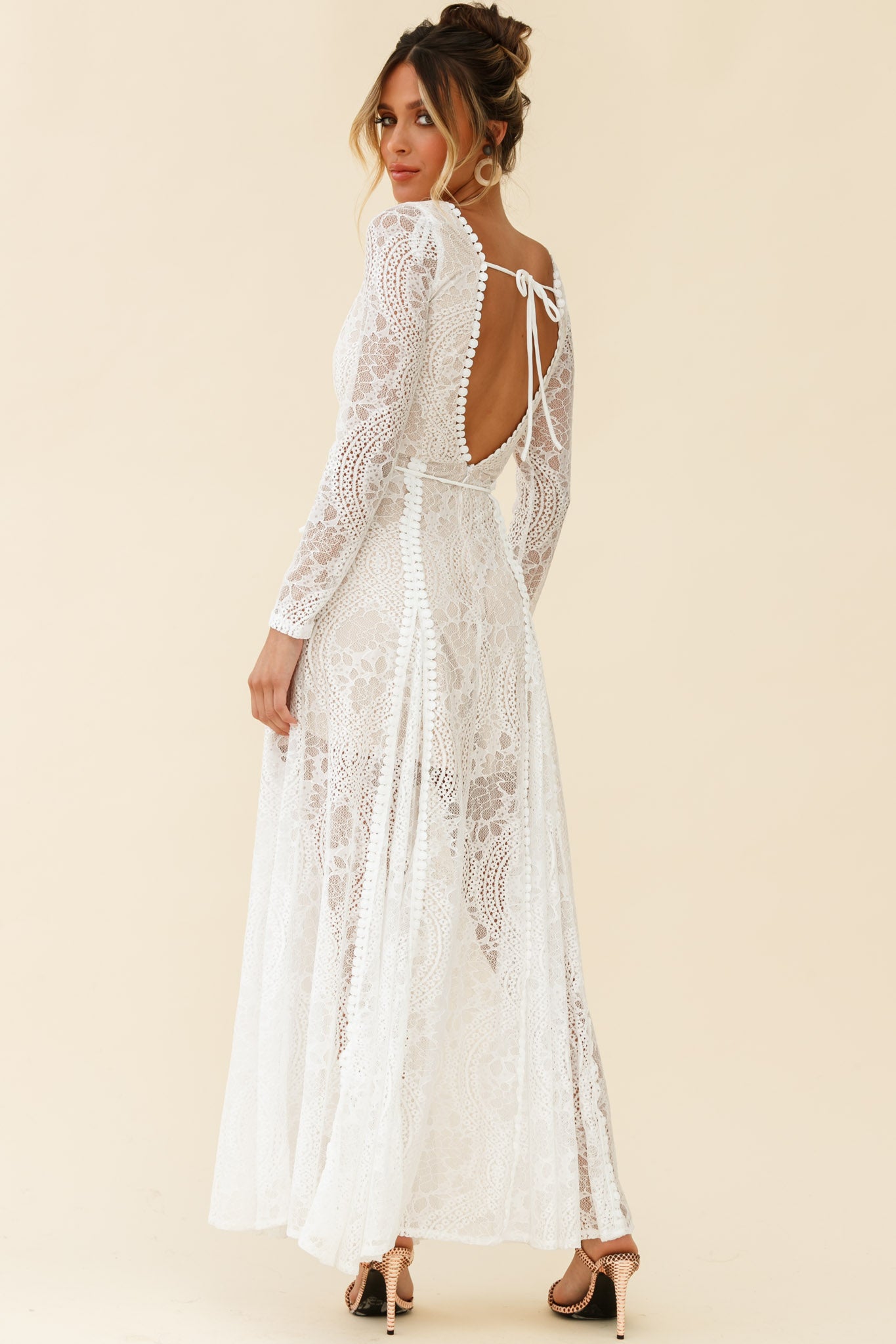 Palm Springs Long Sleeve Lace Overlay Maxi Dress White by Selfie Leslie
