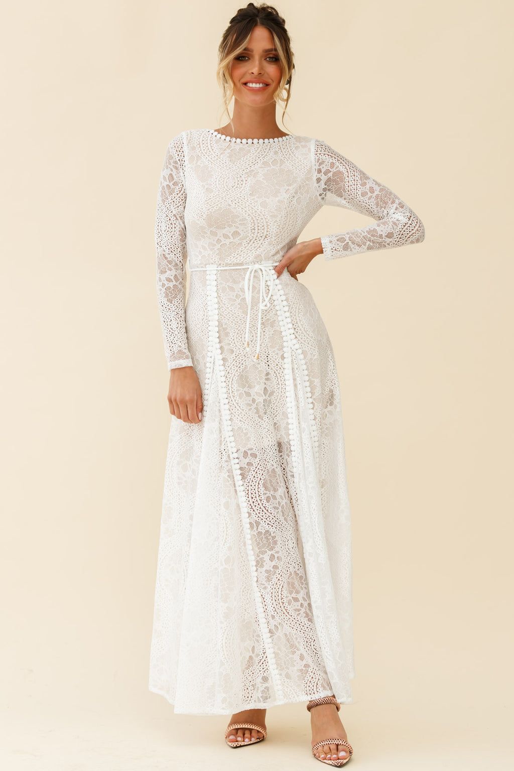 Palm Springs Long Sleeve Lace Overlay Maxi Dress White– Selfie Leslie