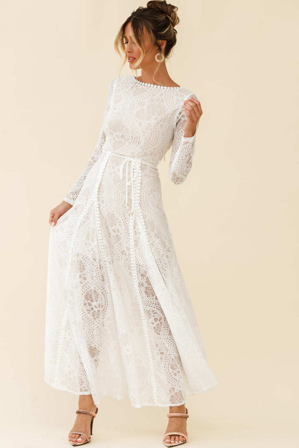 Palm Springs Long Sleeve Lace Overlay Maxi Dress White by Selfie Leslie