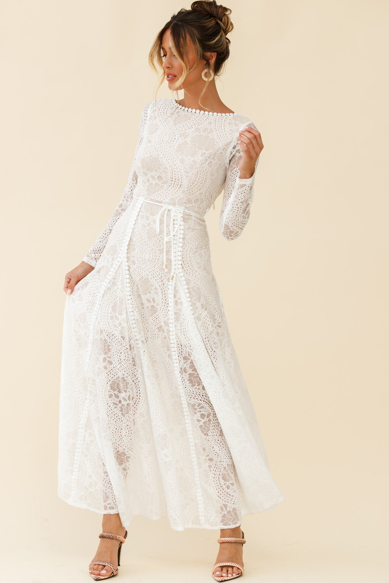 Palm Springs Long Sleeve Lace Overlay Maxi Dress White by Selfie Leslie