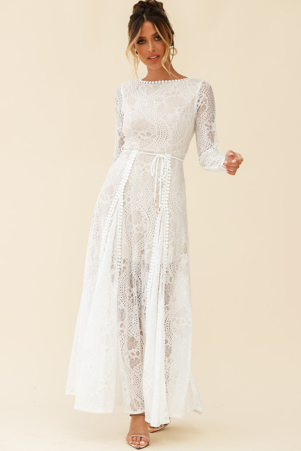 Palm Springs Long Sleeve Lace Overlay Maxi Dress White by Selfie Leslie