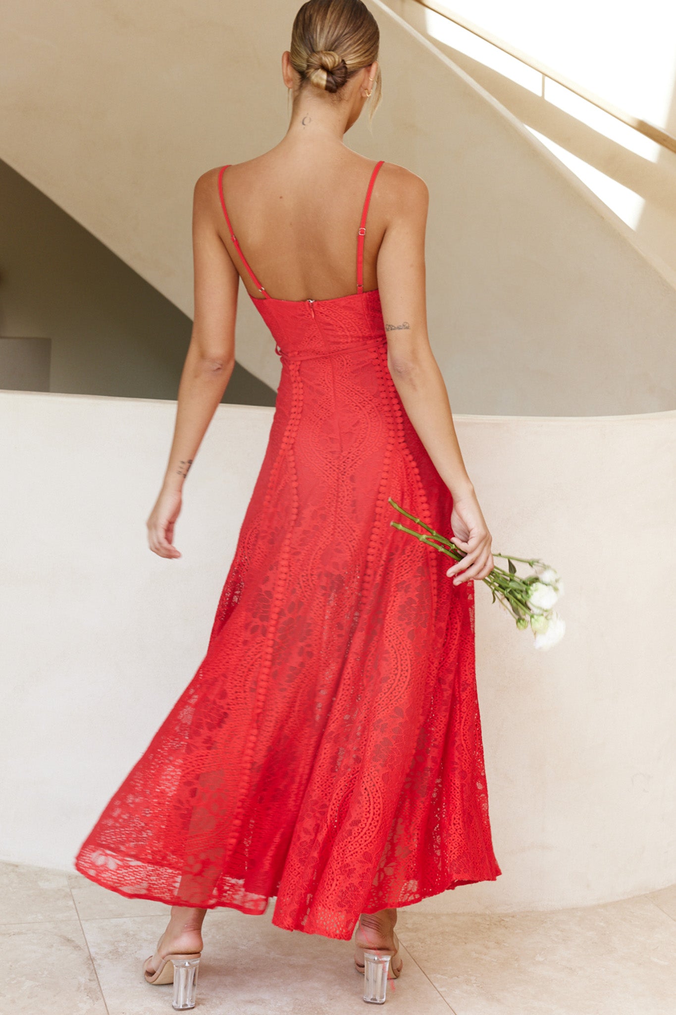 red dress with lace Palm Springs Lace Overlay Maxi Dress Red