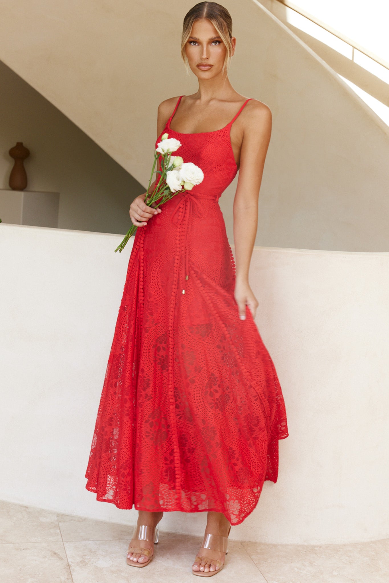 red dress party palm springs Palm Springs Lace Overlay Maxi Dress Red
