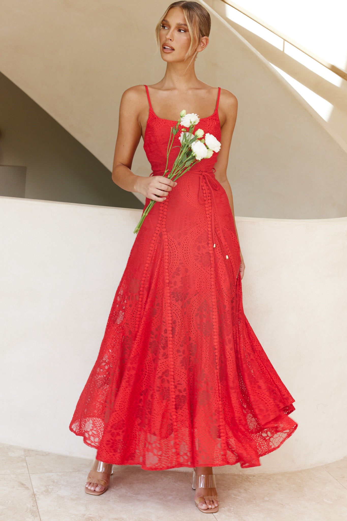 Palm Springs Lace Overlay Maxi Dress Red– Selfie Leslie