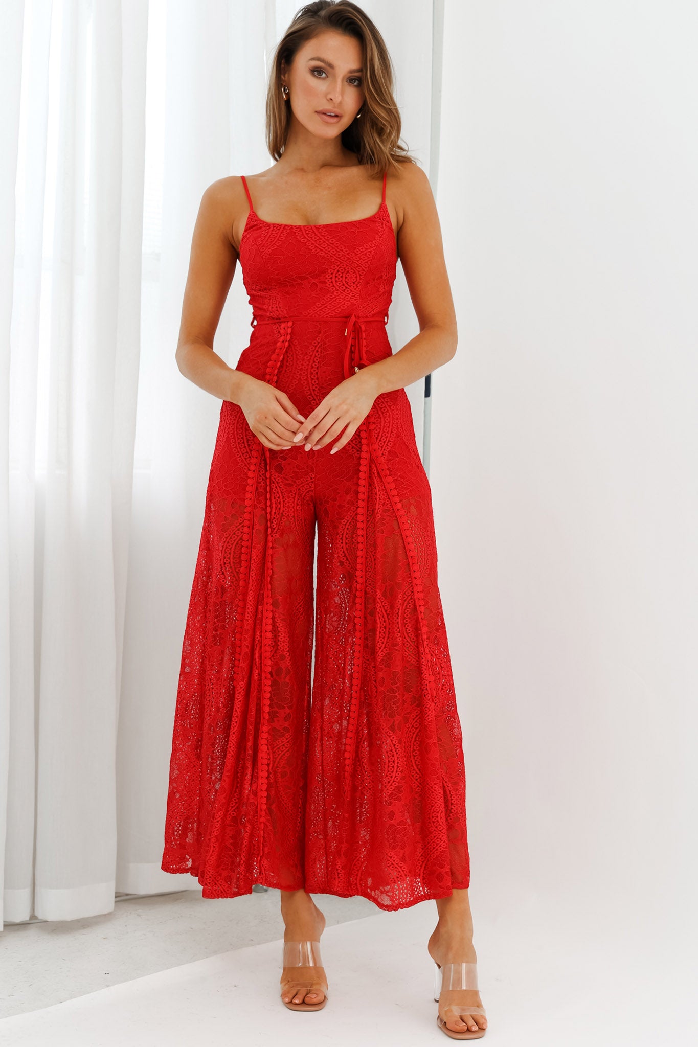Palm Springs Lace Jumpsuit Red by Selfie Leslie