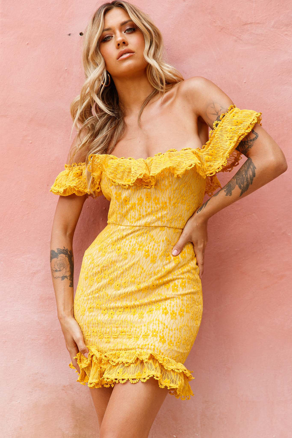 Bobby Bardot Neckline Floral Lace Overlay Dress Mustard by Selfie Leslie