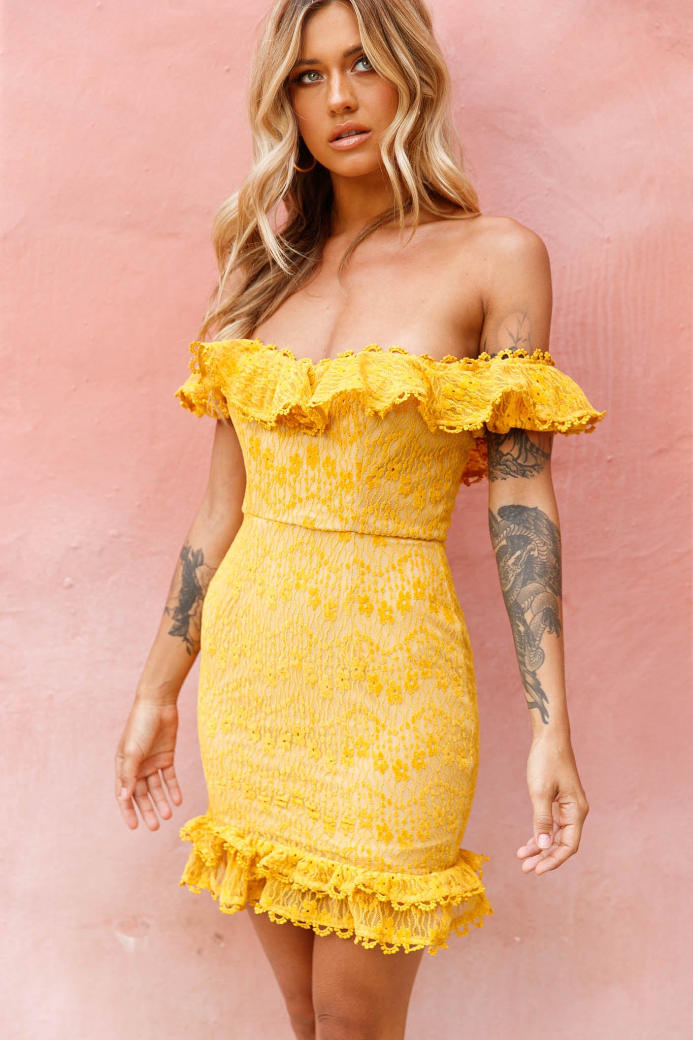 Bobby Bardot Neckline Floral Lace Overlay Dress Mustard by Selfie Leslie