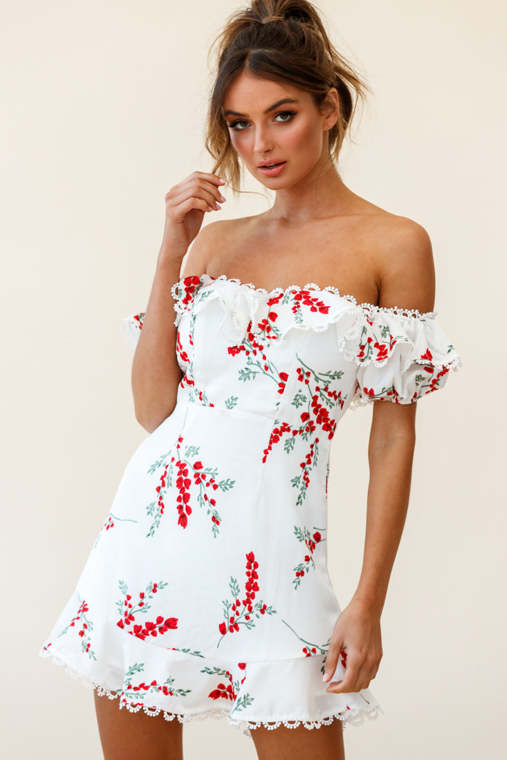Bobby Bardot Neckline Puff Sleeve Dress Flower Spring Print White by Selfie Leslie
