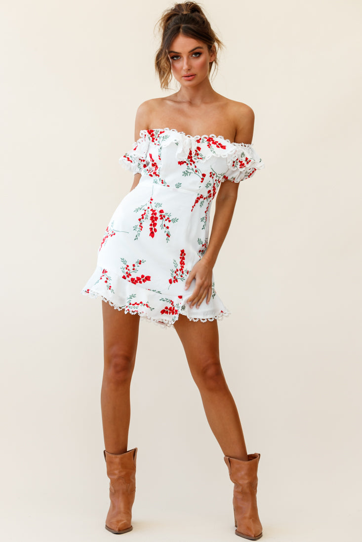 Bobby Bardot Neckline Puff Sleeve Dress Flower Spring Print White by Selfie Leslie