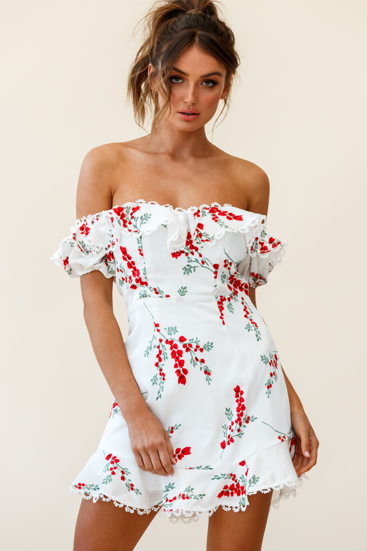 Bobby Bardot Neckline Puff Sleeve Dress Flower Spring Print White by Selfie Leslie