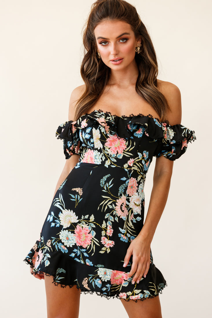 Bobby Bardot Neckline Puff Sleeve Dress Black by Selfie Leslie
