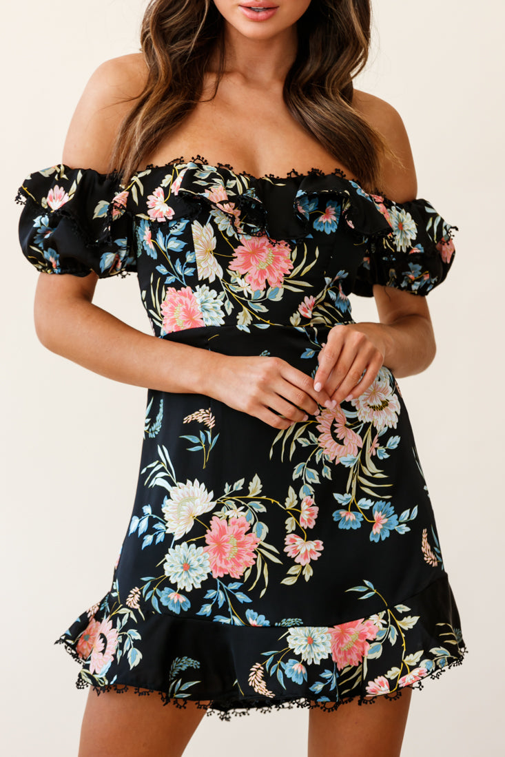 Bobby Bardot Neckline Puff Sleeve Dress Black by Selfie Leslie