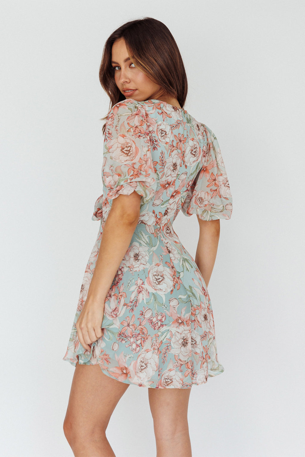 Madison Bow Tie Bust Puff Sleeve Dress Floral Mint by Selfie Leslie