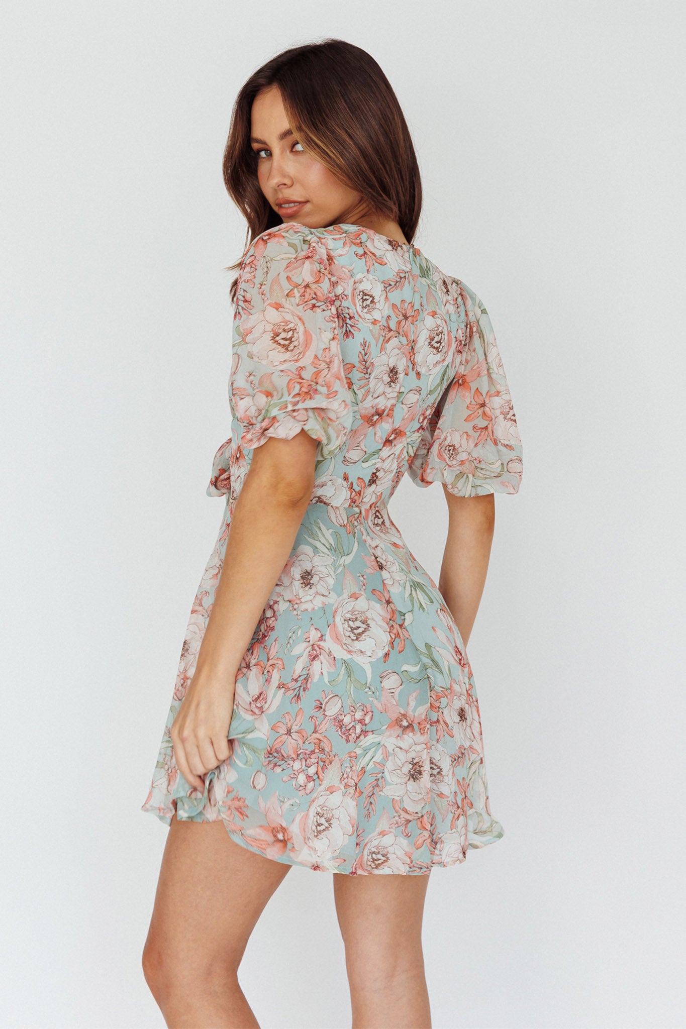 Madison Bow Tie Bust Puff Sleeve Dress Floral Mint by Selfie Leslie