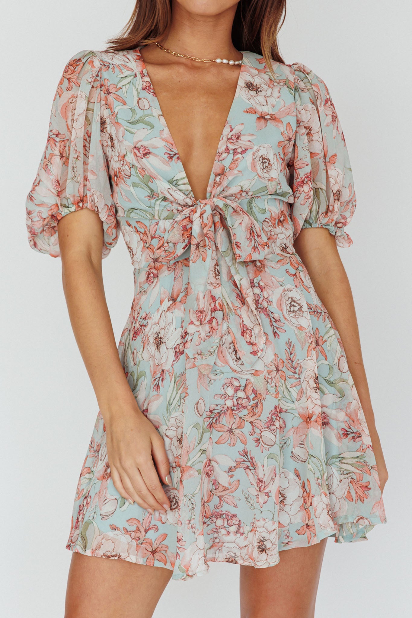 Madison Bow Tie Bust Puff Sleeve Dress Floral Mint by Selfie Leslie