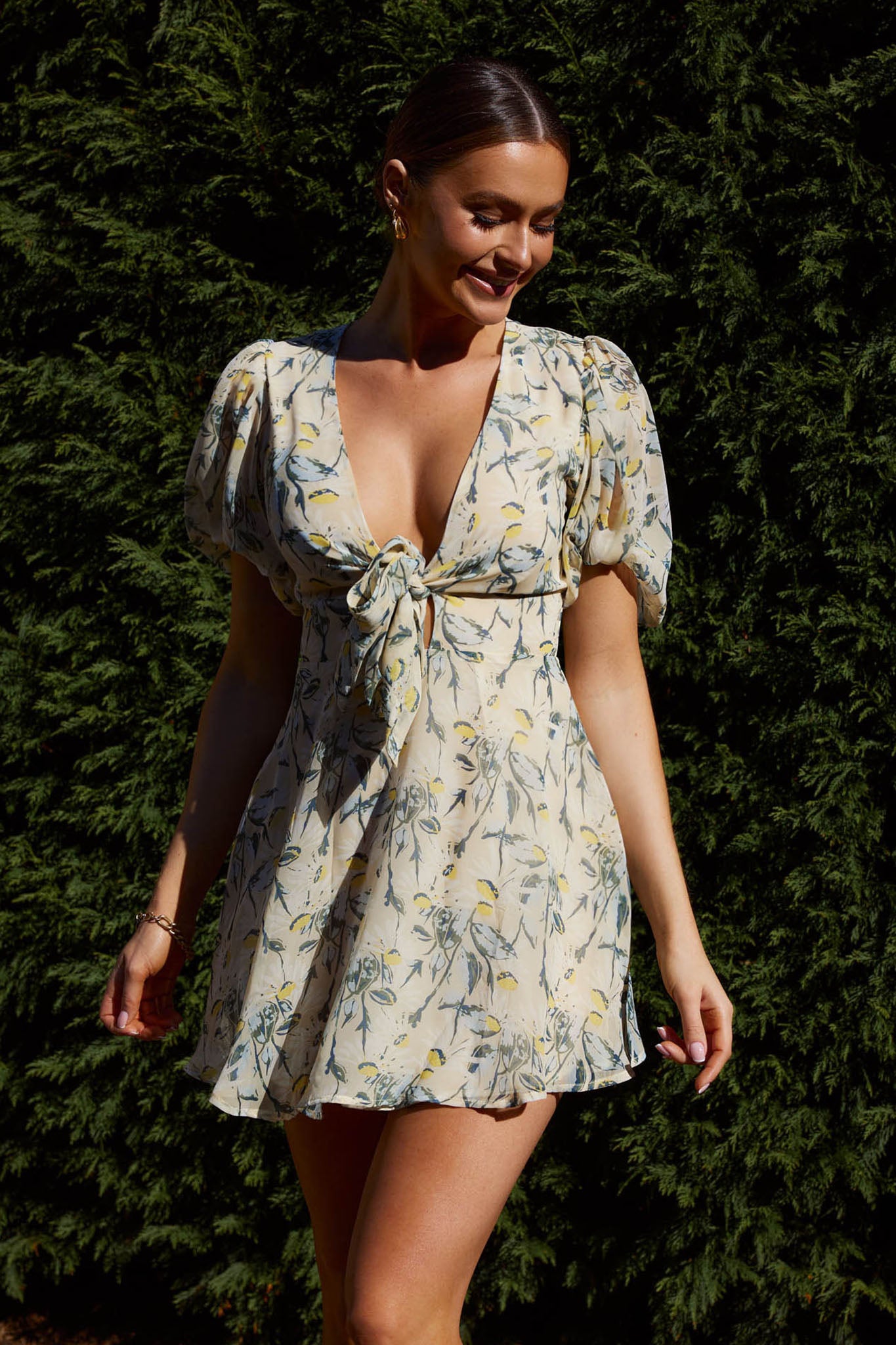 Madison Bow Tie Bust Puff Sleeve Dress Floral Green by Selfie Leslie