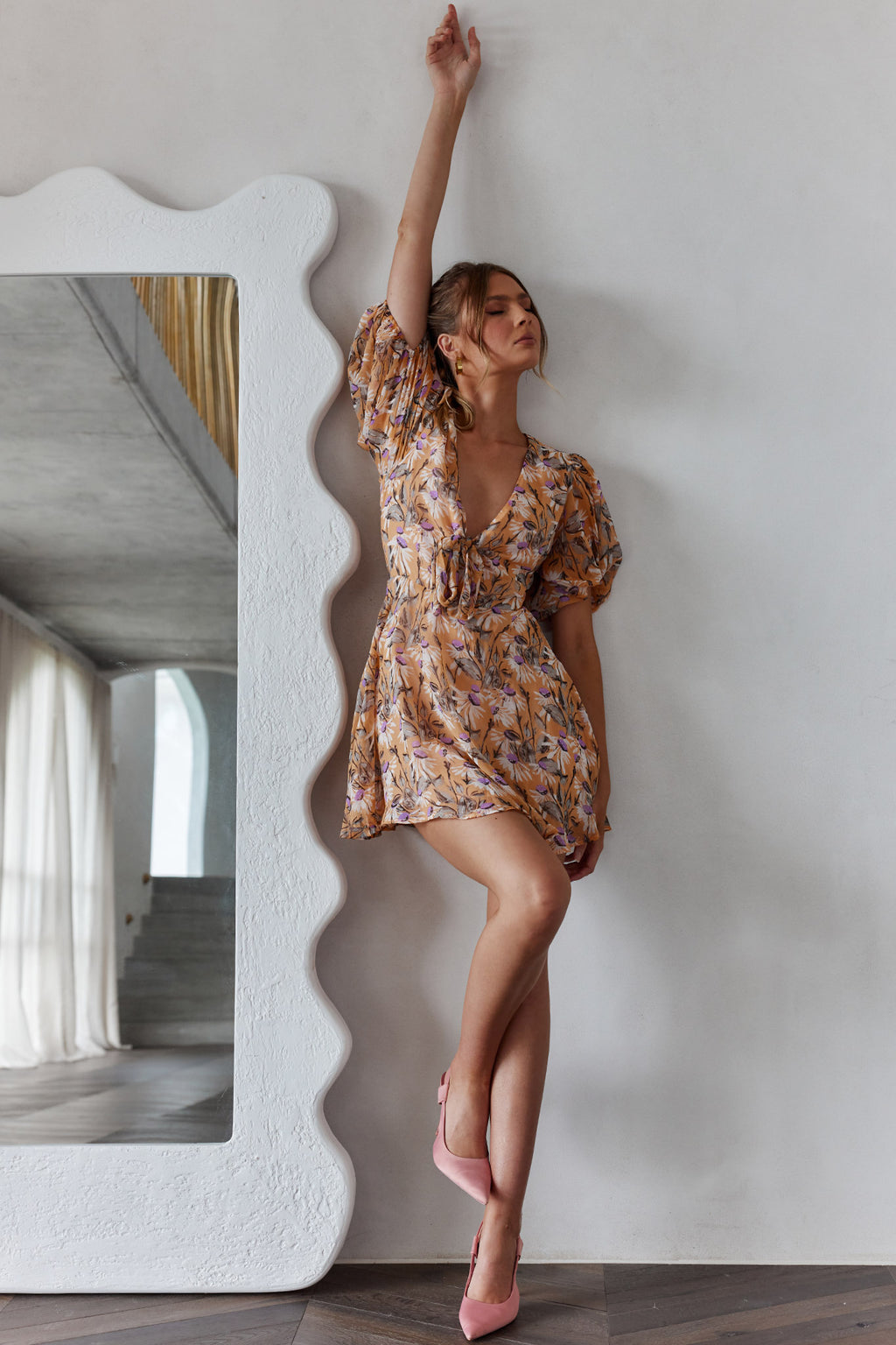 Madison Bow Tie Bust Puff Sleeve Dress Floral Orange by Selfie Leslie