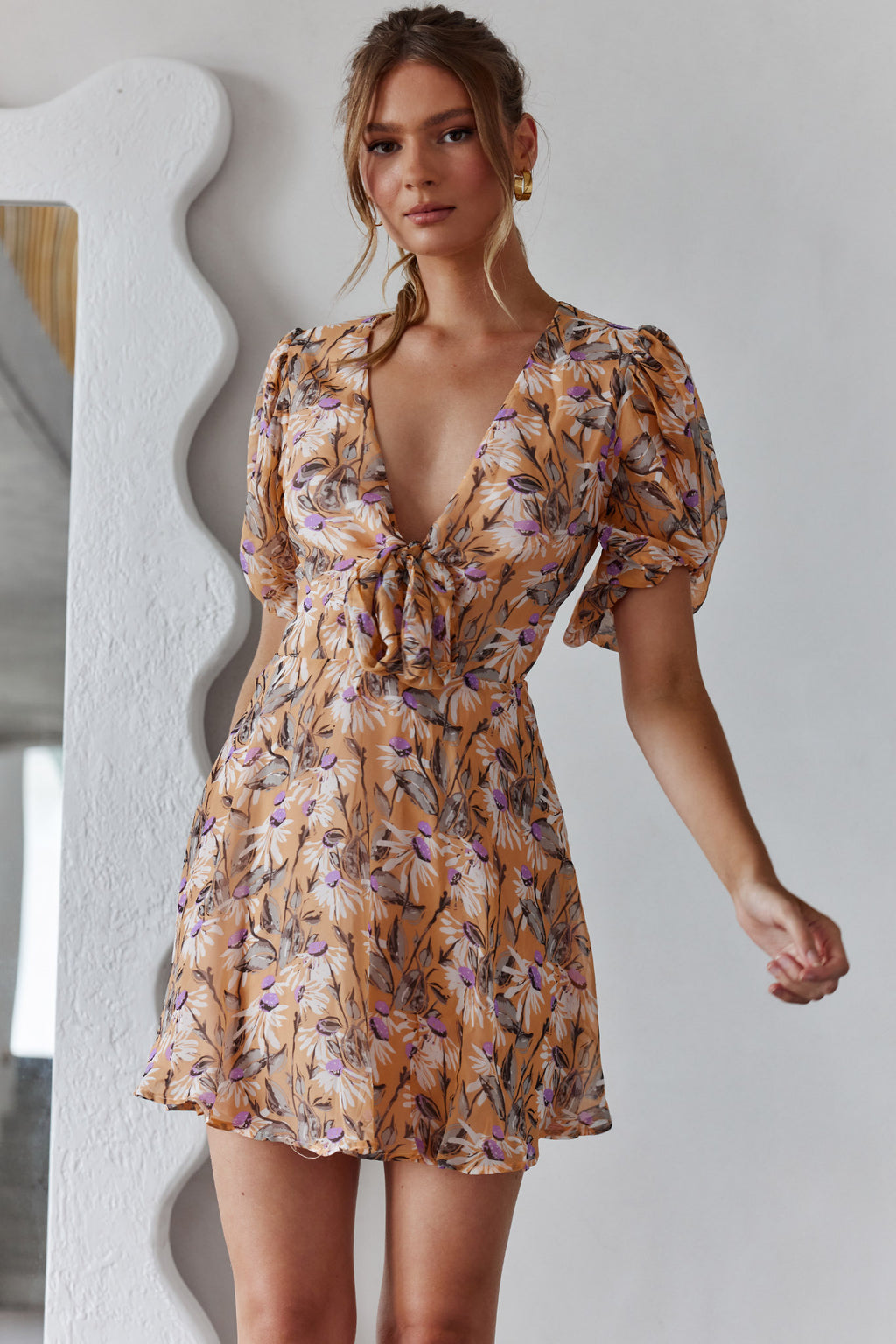 Madison Bow Tie Bust Puff Sleeve Dress Floral Orange by Selfie Leslie