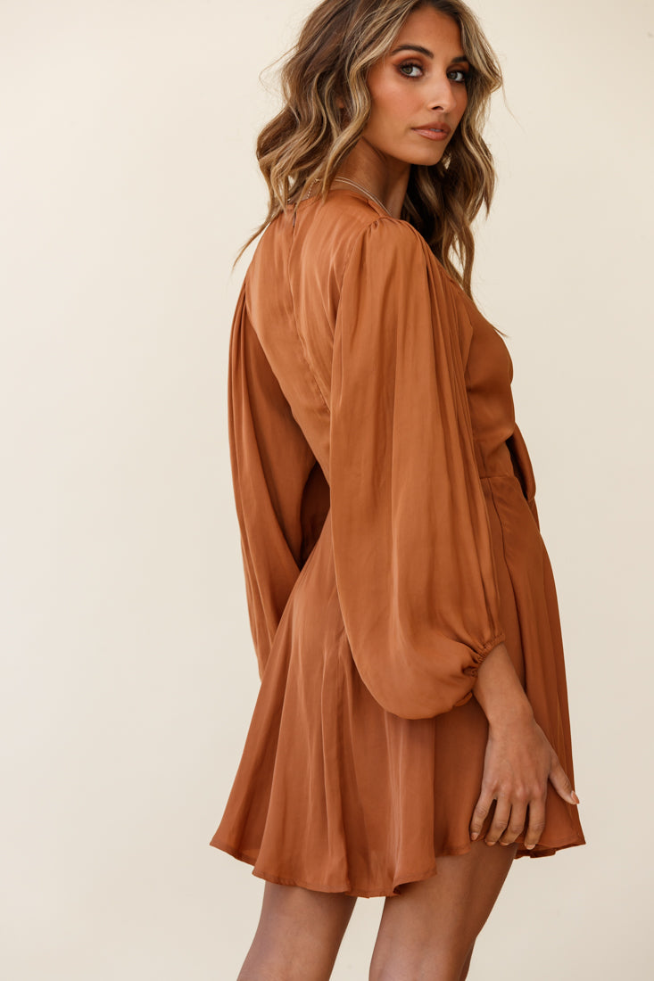 Madison Bow Tie Bust Balloon Sleeve Dress Tan by Selfie Leslie