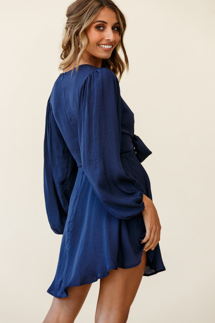 Madison Bow Tie Bust Balloon Sleeve Dress Navy by Selfie Leslie