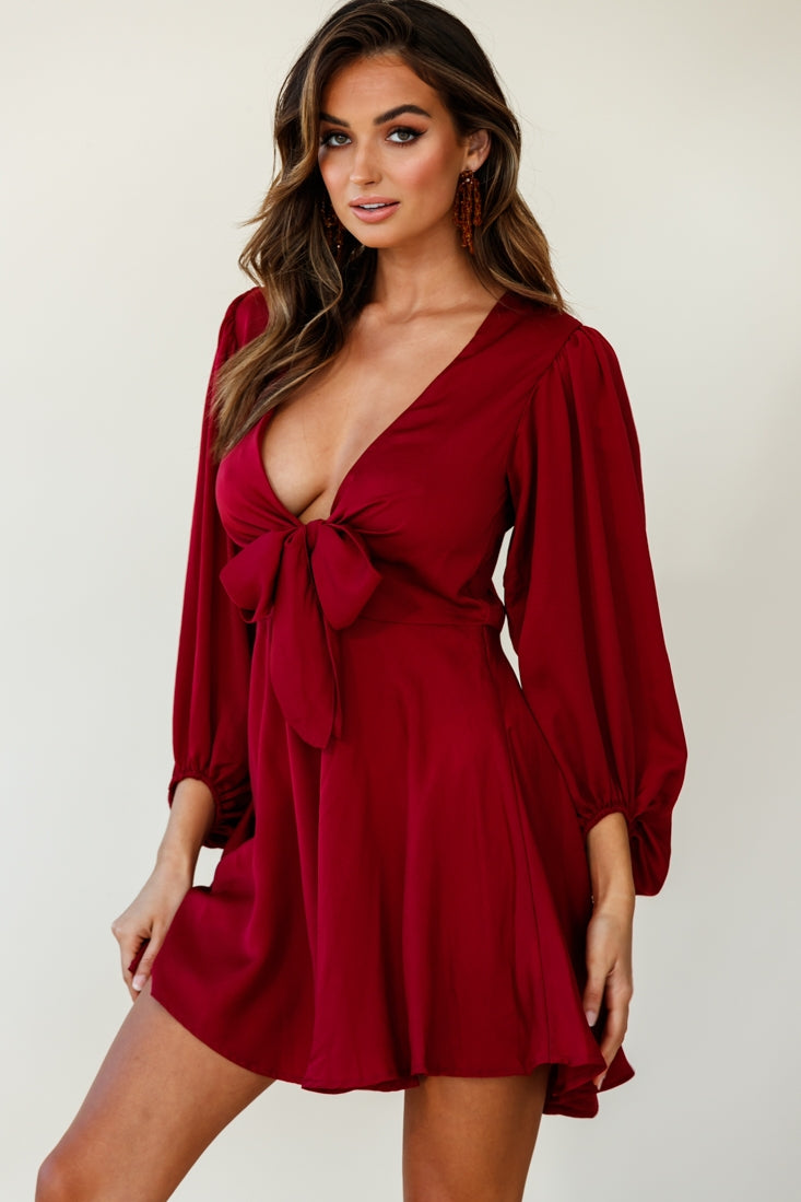 Madison Bow Tie Bust Balloon Sleeve Dress Wine by Selfie Leslie