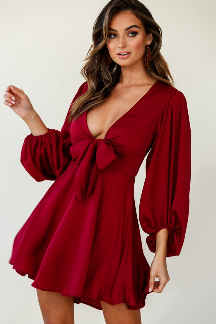 Madison Bow Tie Bust Balloon Sleeve Dress Wine by Selfie Leslie