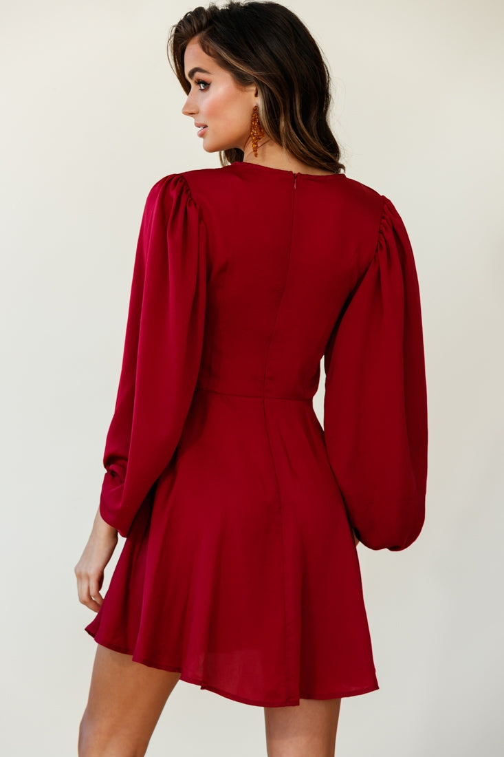 Madison Bow Tie Bust Balloon Sleeve Dress Wine by Selfie Leslie
