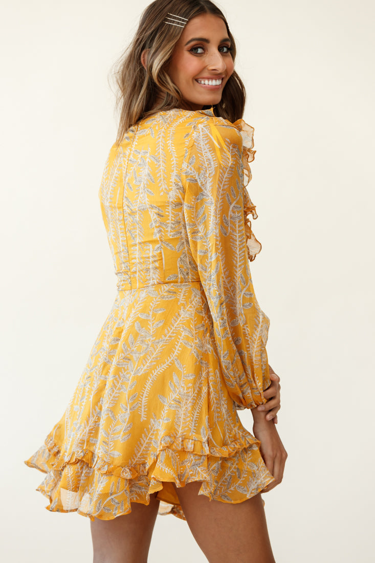 Odette Long Sleeve String Tie Neckline Vine Print Dress Mustard by Selfie Leslie