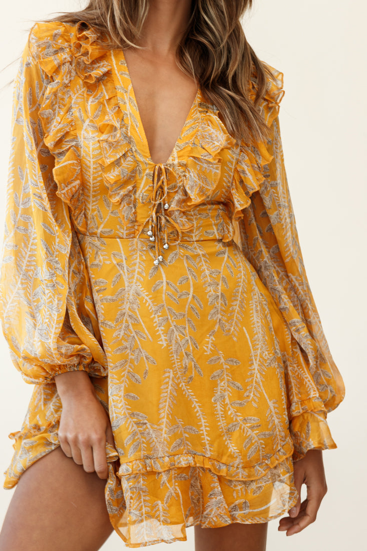 Odette Long Sleeve String Tie Neckline Vine Print Dress Mustard by Selfie Leslie