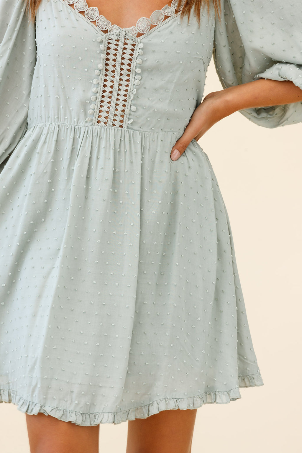 Dream Lover Puff Sleeve Crochet Insert Dress Olive by Selfie Leslie