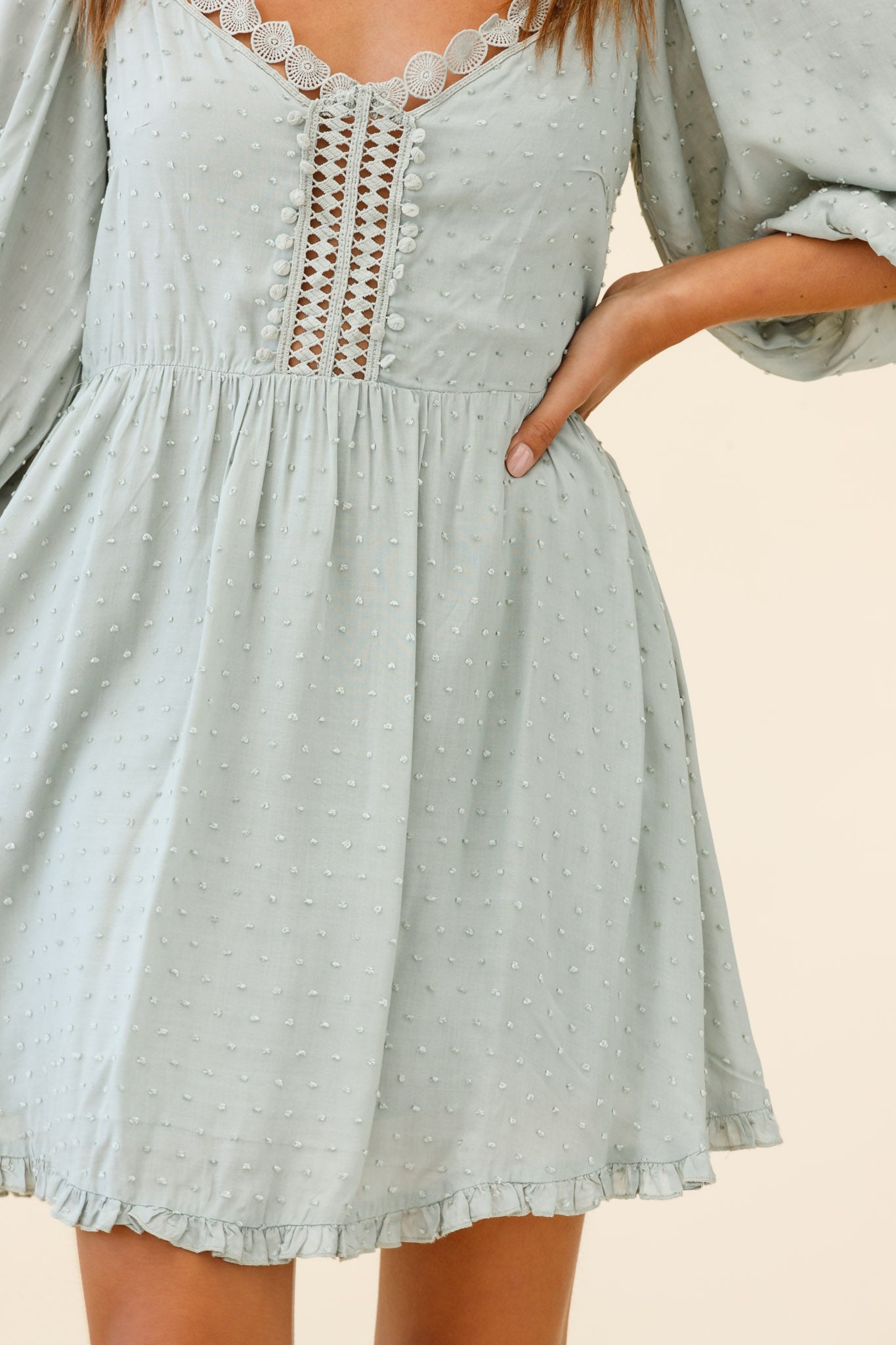 Dream Lover Puff Sleeve Crochet Insert Dress Olive by Selfie Leslie