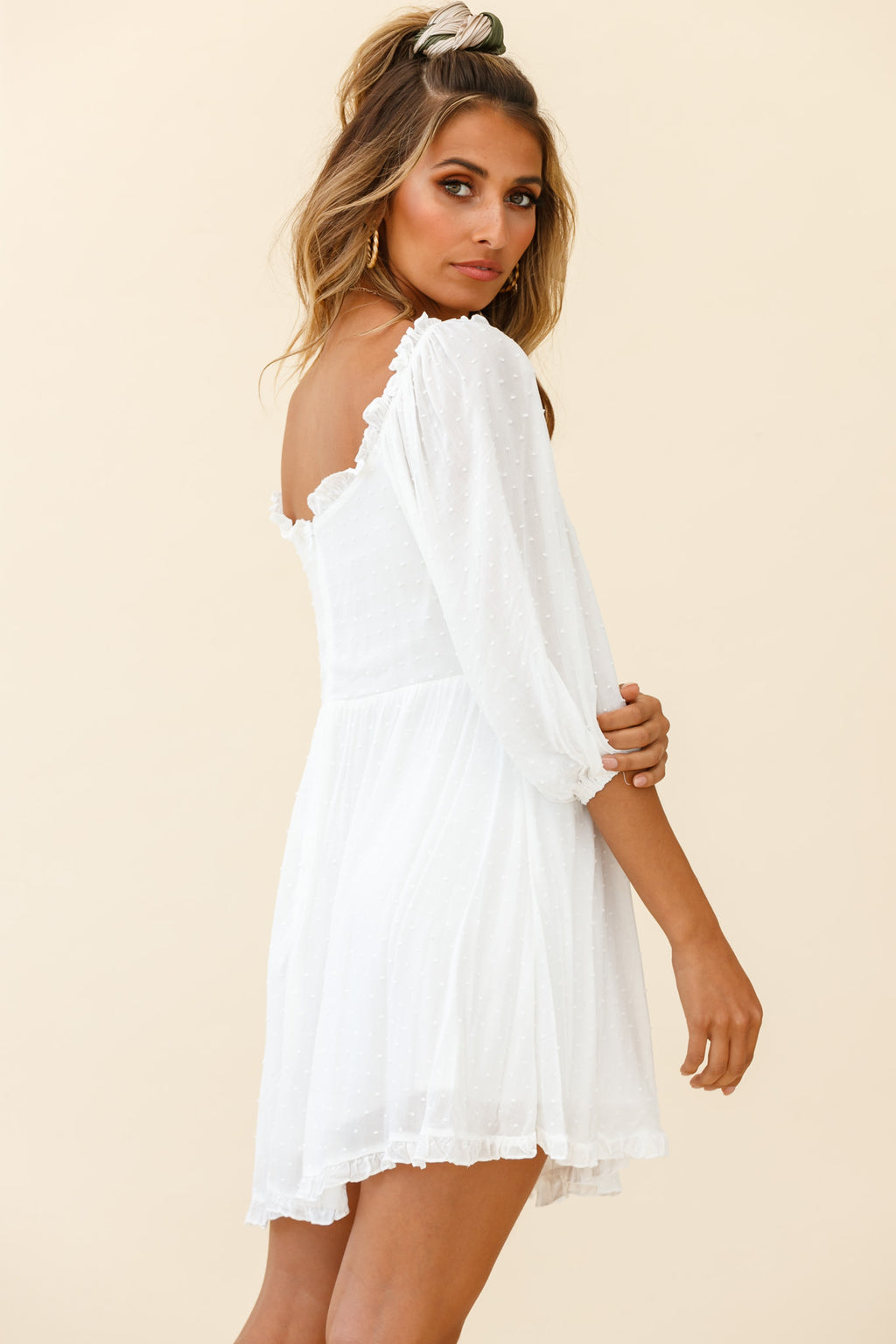 Dream Lover Puff Sleeve Crochet Insert Dress White by Selfie Leslie