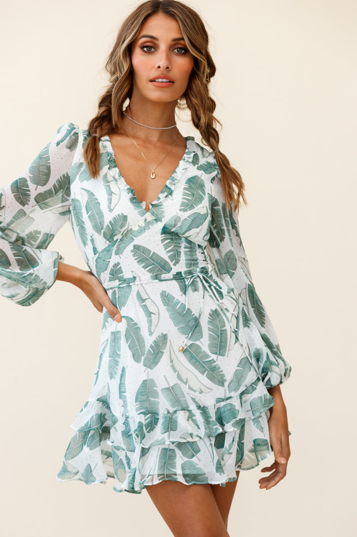 Tozzi Long Balloon Sleeve V-Neckline Dress Feather Print White by Selfie Leslie