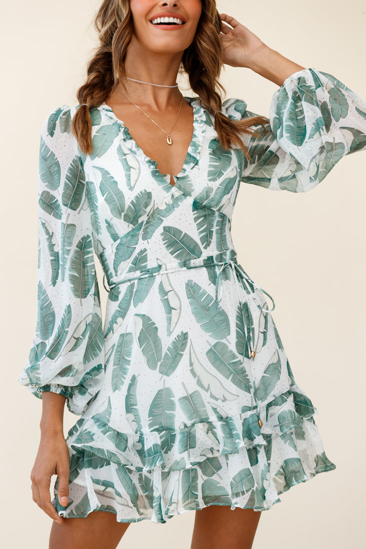 Tozzi Long Balloon Sleeve V-Neckline Dress Feather Print White by Selfie Leslie