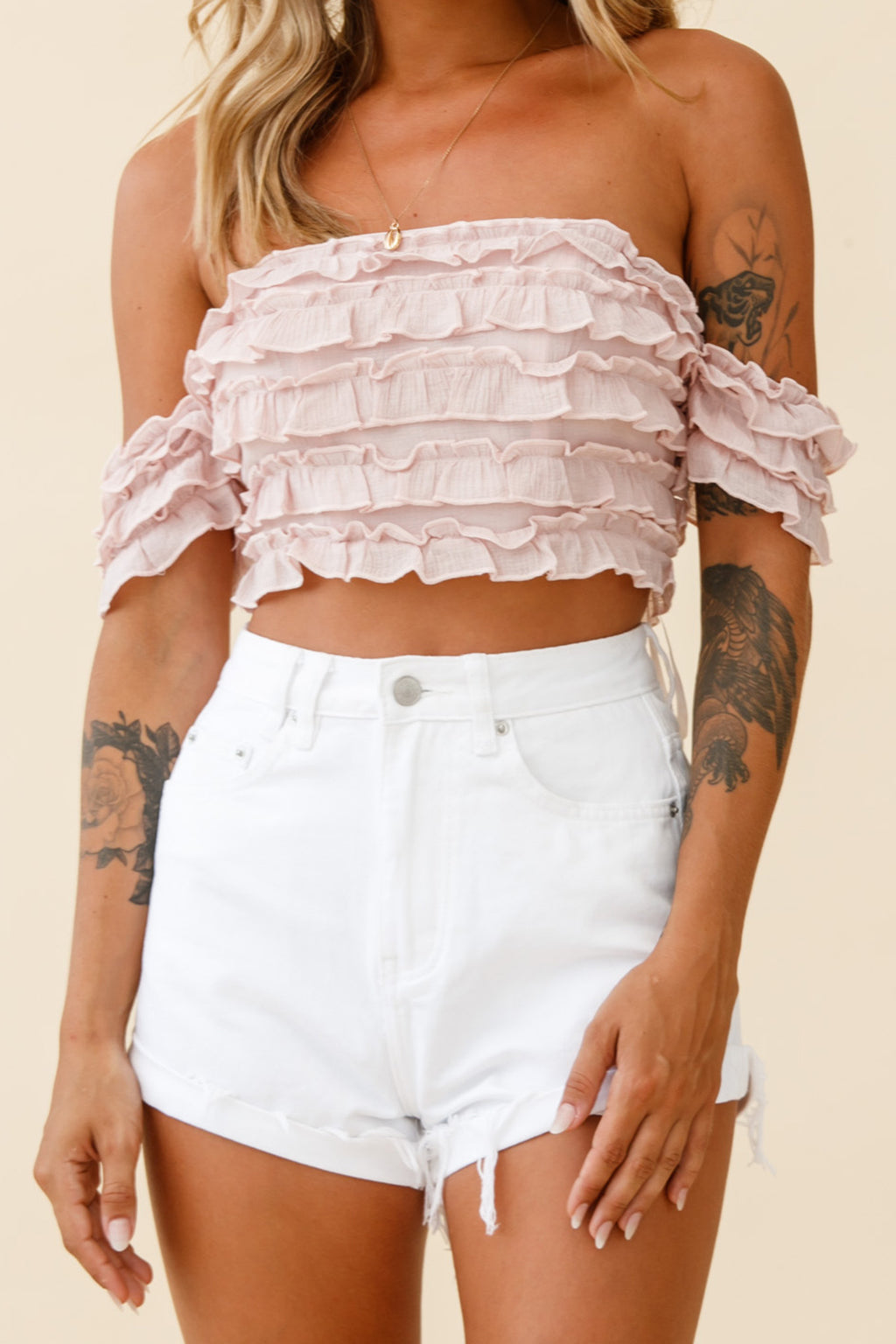 Tigerlily Tiered Frill Off-Shoulder Top Blush by Selfie Leslie