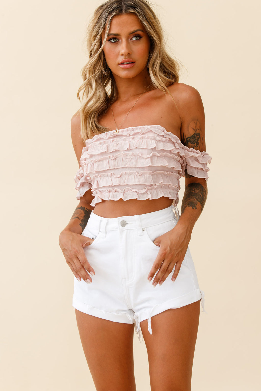 Tigerlily Tiered Frill Off-Shoulder Top Blush by Selfie Leslie