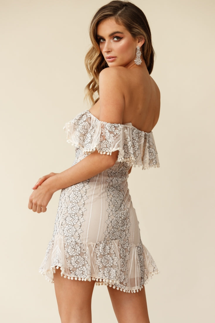 Marmont Off Shoulder Floral Lace Detail Dress Nude by Selfie Leslie
