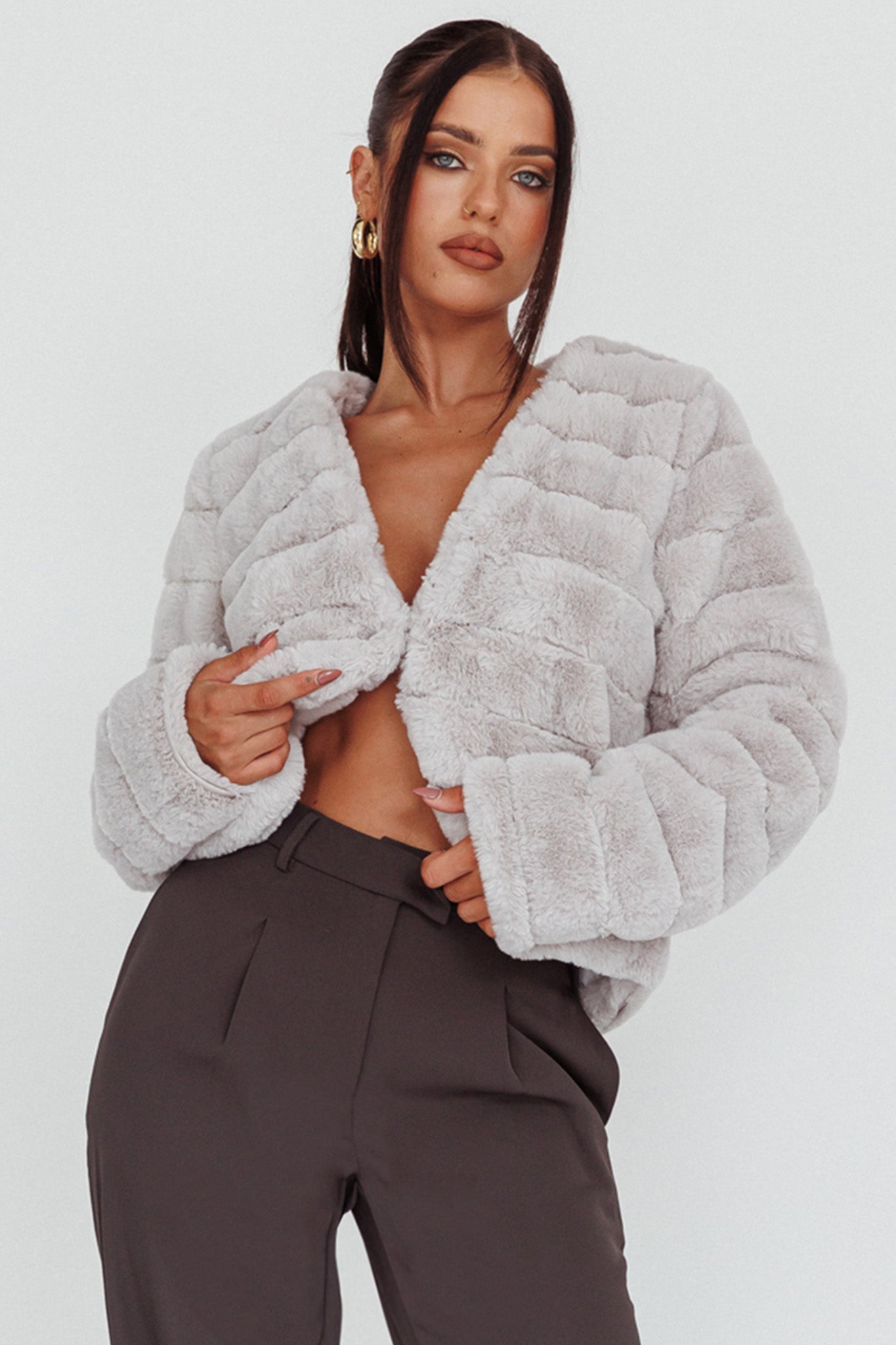 Montana Faux Fur Jacket Light Grey by Selfie Leslie