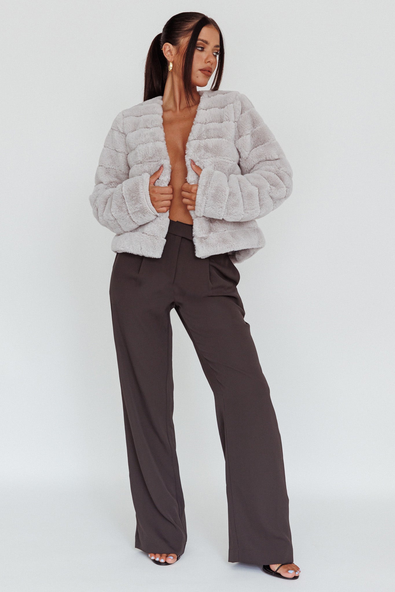 Montana Faux Fur Jacket Light Grey by Selfie Leslie