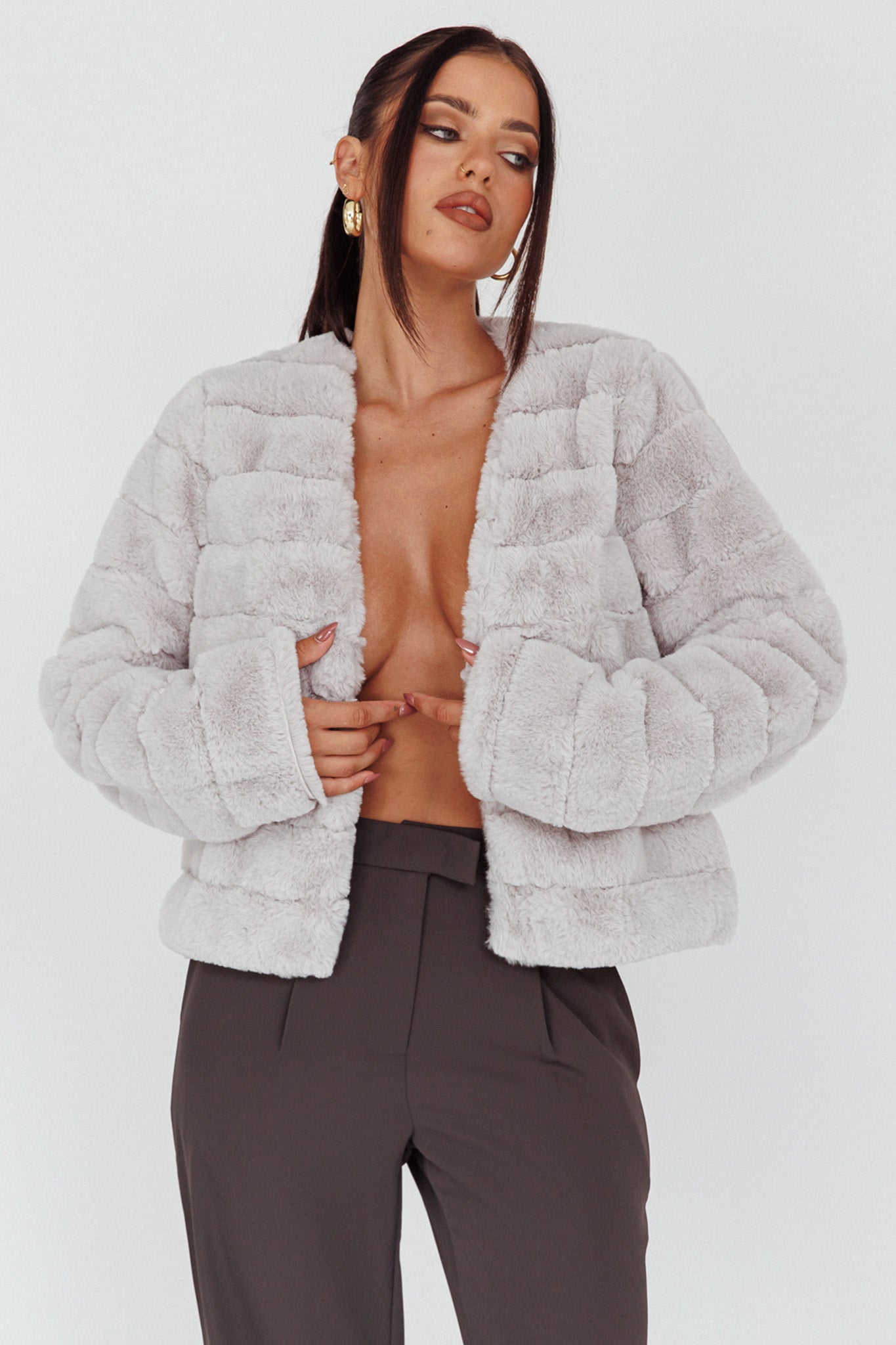 Montana Faux Fur Jacket Light Grey by Selfie Leslie