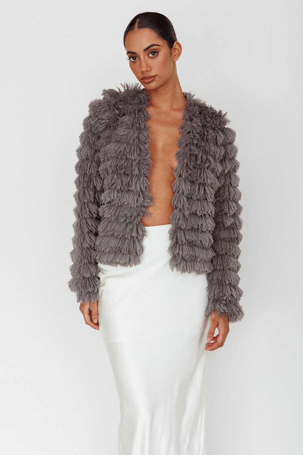 Montana Shaggy Faux Fur Coat Grey by Selfie Leslie