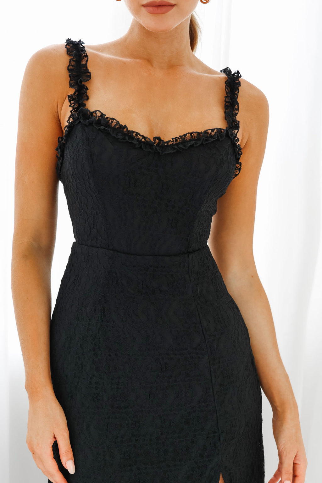 Isadora Mesh Overlay Frill Trim Neckline Midi Dress Black by Selfie Leslie