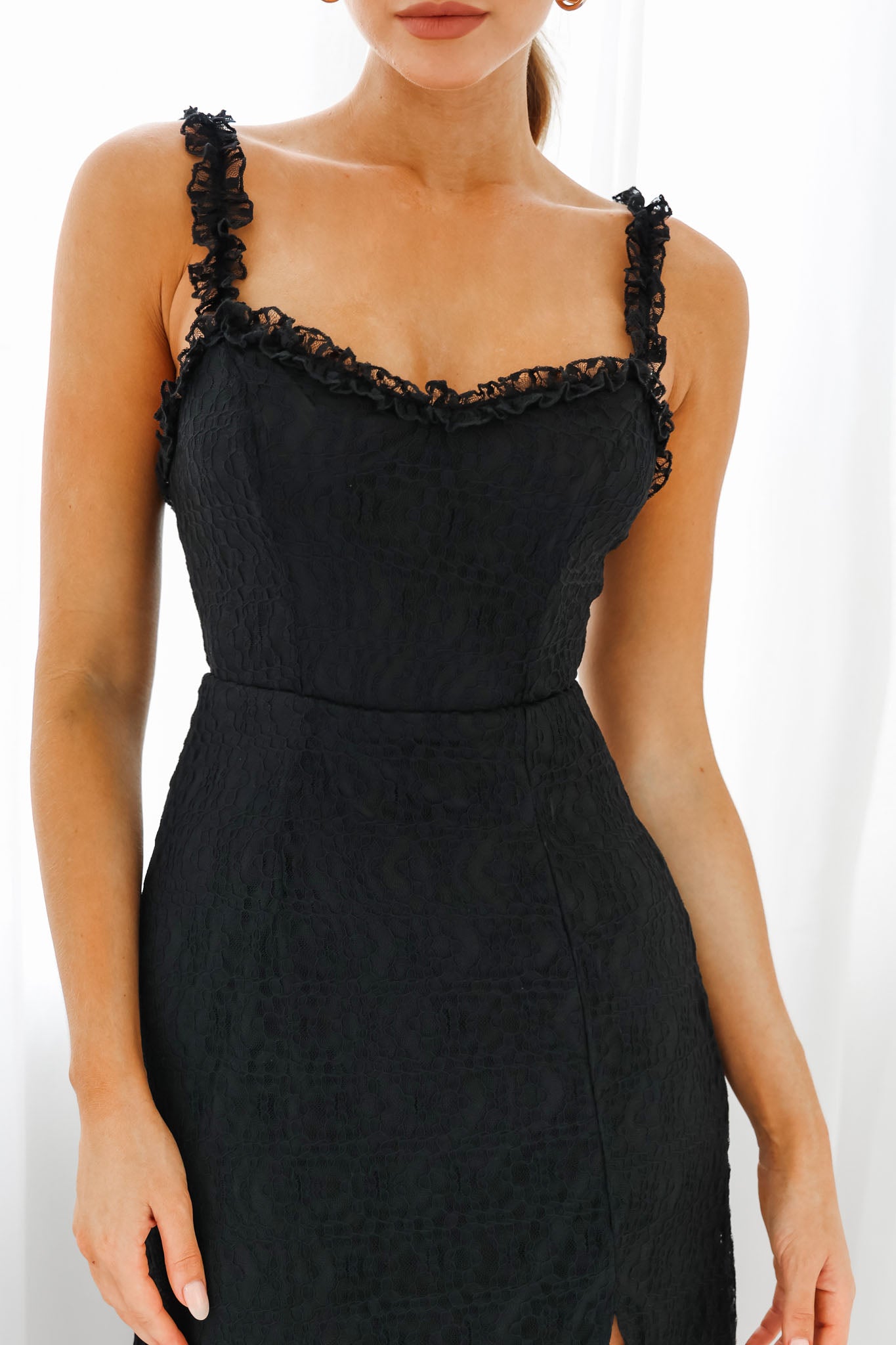 Isadora Mesh Overlay Frill Trim Neckline Midi Dress Black by Selfie Leslie