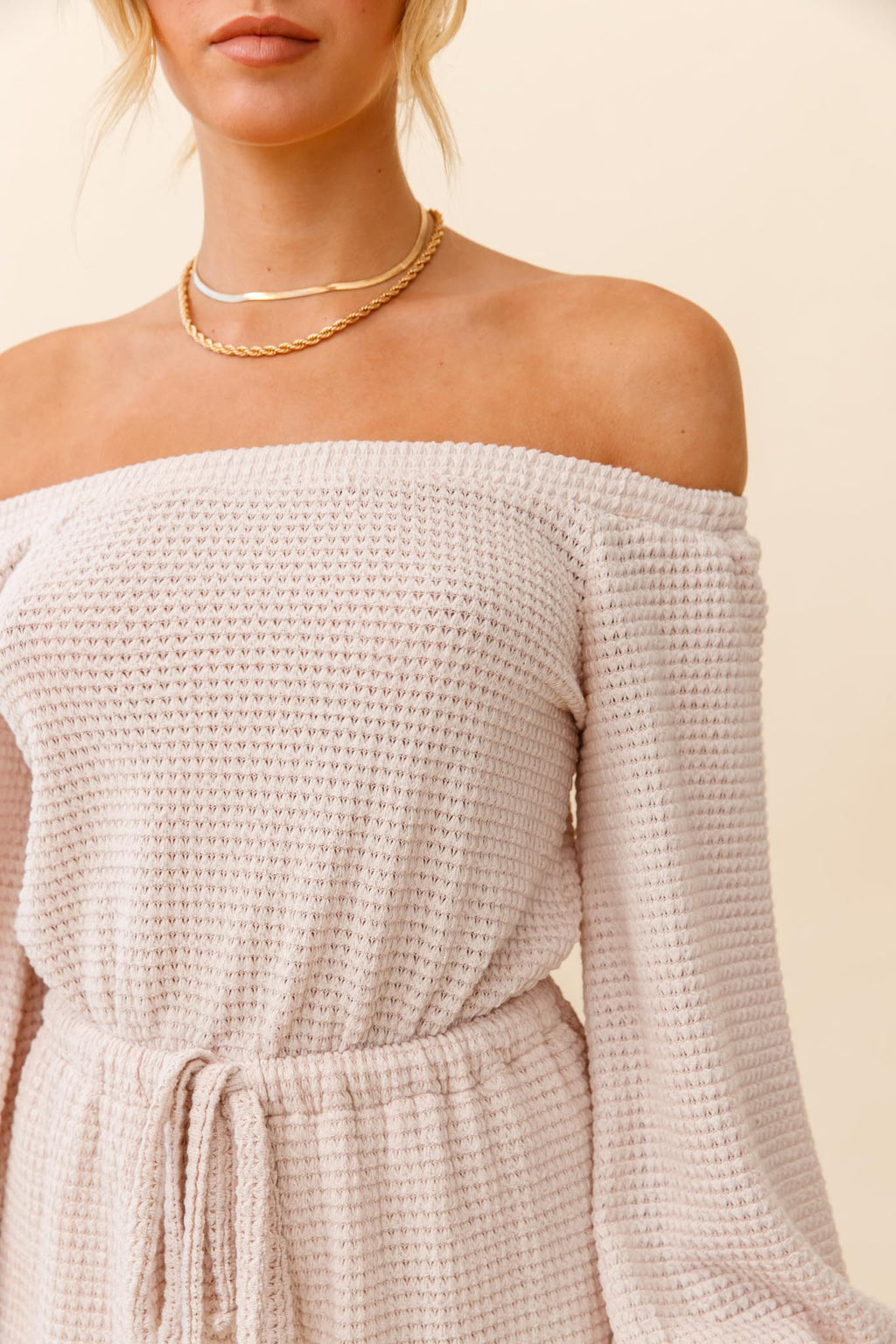 Sticks And Stones Off-Shoulder Drawstring Waist Romper Beige by Selfie Leslie