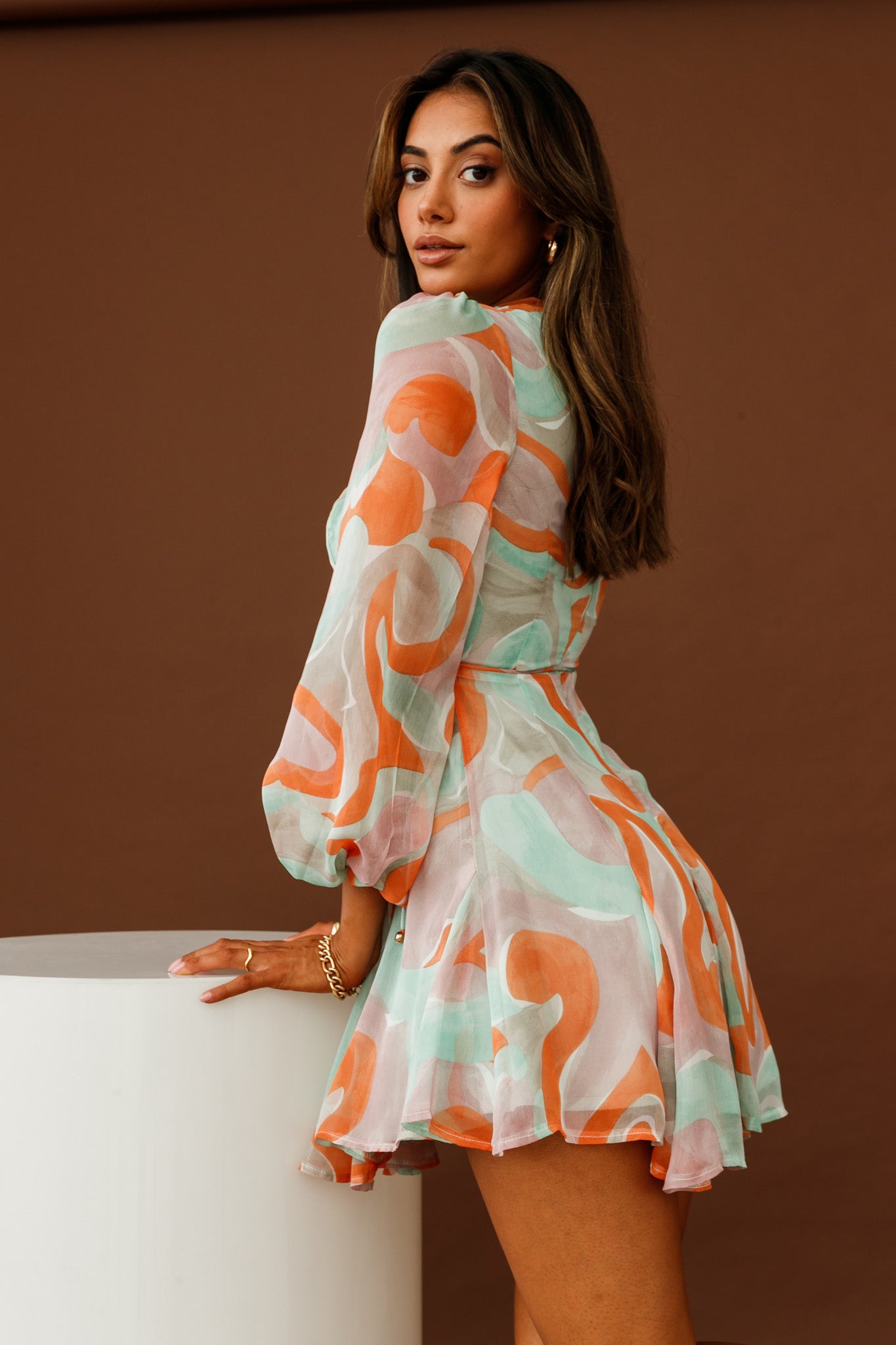 Estelle Long Sleeve V-Neckline Dress Swirl Print Orange/Mint Estelle Long Sleeve V-Neckline Dress Swirl Print Orange/Mint