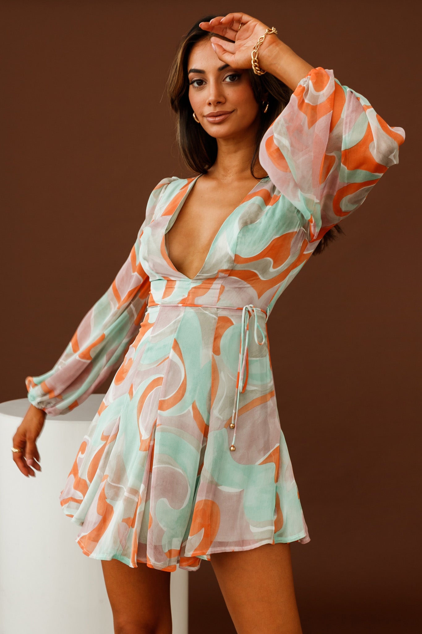 Estelle Long Sleeve V-Neckline Dress Swirl Print Orange/Mint by Selfie Leslie