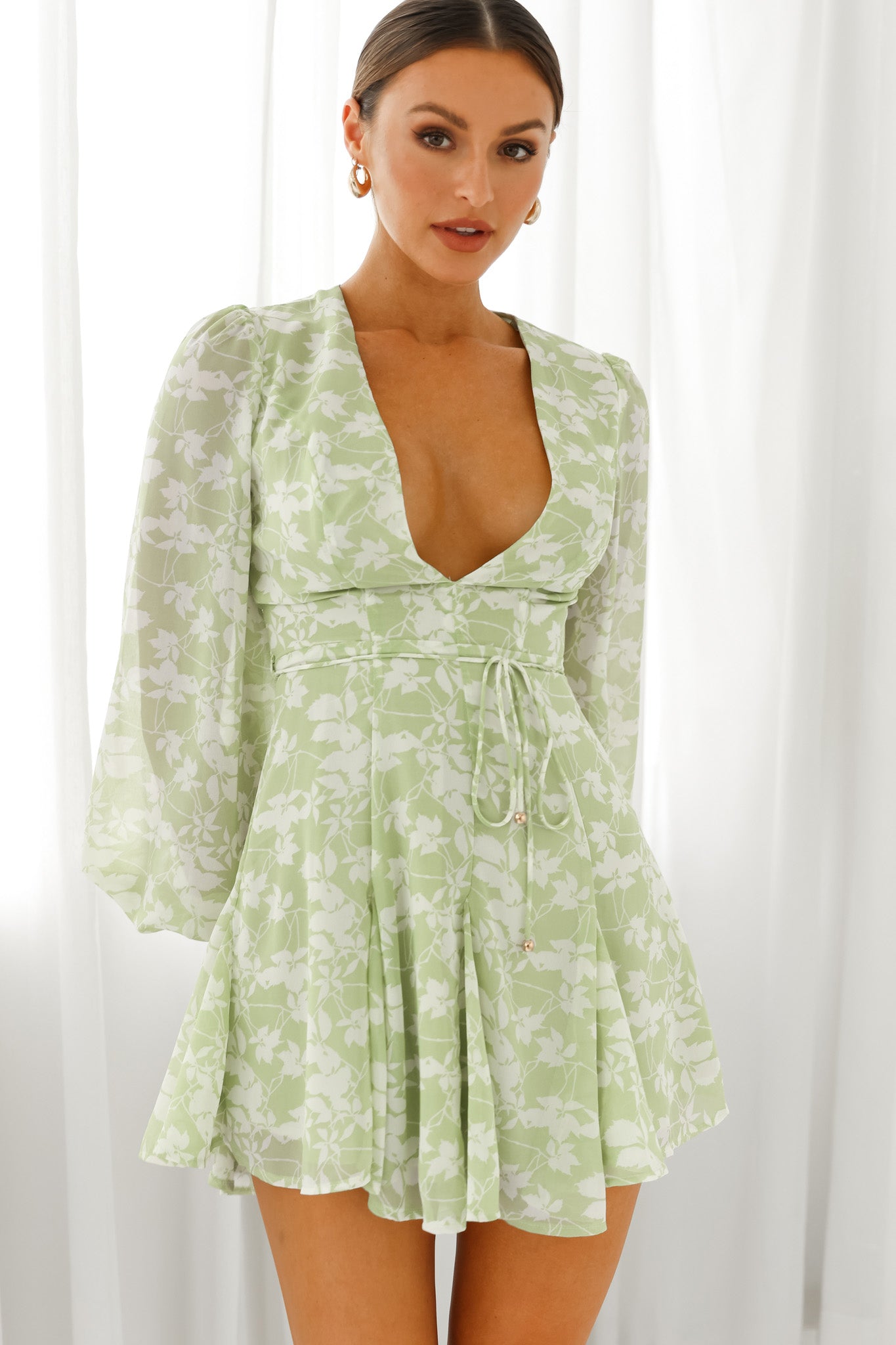 Estelle Long Sleeve V-Neckline Dress Leaf Print Olive by Selfie Leslie