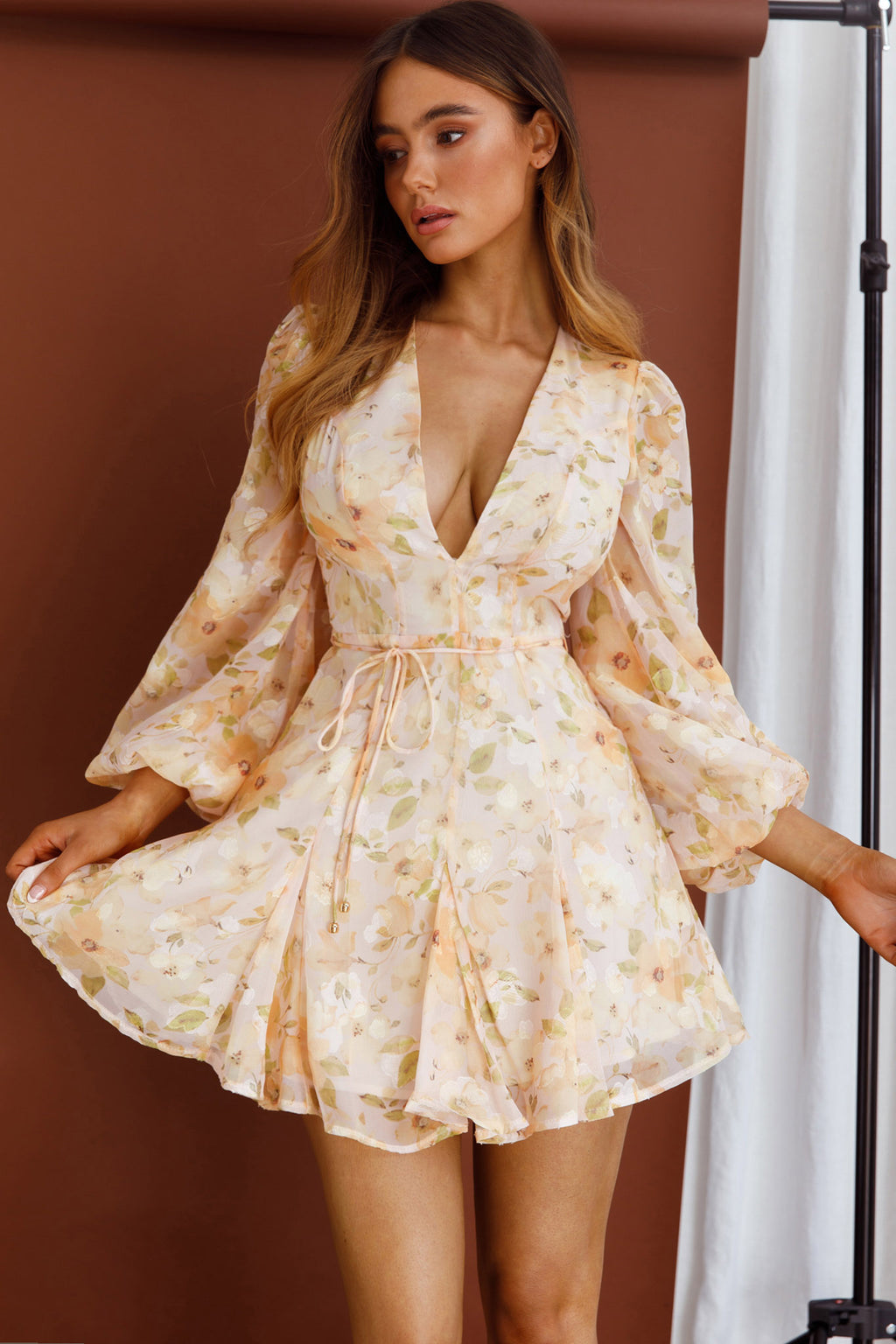 Estelle Long Sleeve V-Neckline Dress Watercolor Floral Print Peach by Selfie Leslie