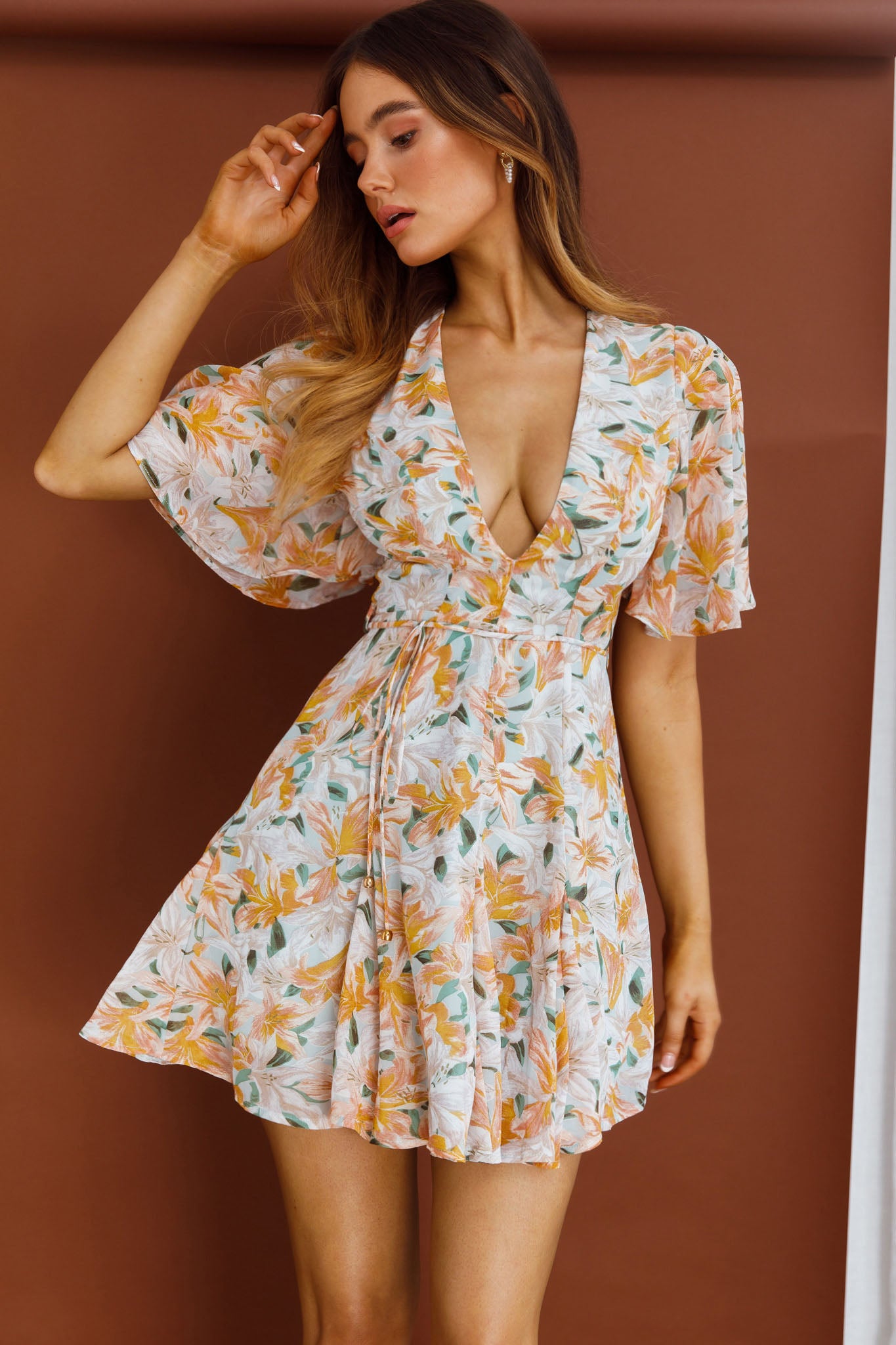 Estelle Angel Sleeve Dress Lily Print Blue by Selfie Leslie